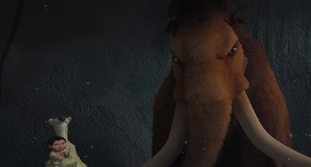 Movie still from “Ice Age” (2002), directed by Chris Wedge – A stuffed animal elephant with long tusks; Extreme Close Up shot, Low angle