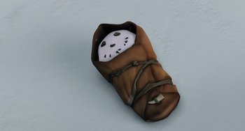 Movie still from “Ice Age” (2002), directed by Chris Wedge – An image of a bag with a hockey mask in it; Extreme Close Up shot, Overhead angle