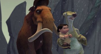 Movie still from “Ice Age” (2002), directed by Chris Wedge – An ice age cartoon scene with an ice age character and an ice age animal; Wide shot, Low angle