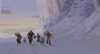 Movie still from “Ice Age” (2002), directed by Chris Wedge – A group of people are running in the snow with dogs; Extreme Wide shot, High angle