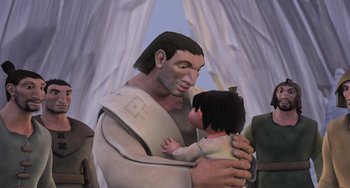 Movie still from “Ice Age” (2002), directed by Chris Wedge – An animated man holding a baby in his arms; Medium shot, Low angle