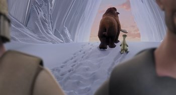 Movie still from “Ice Age” (2002), directed by Chris Wedge – An animated scene of a polar bear and an ice age character; Wide shot, High angle