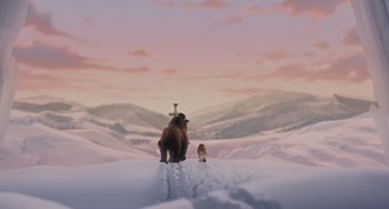 Movie still from “Ice Age” (2002), directed by Chris Wedge – A bear and a dog are walking in the snow; Extreme Wide shot, Low angle