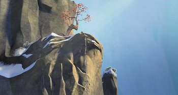 Movie still from “Ice Age: Dawn of the Dinosaurs” (2009), directed by Michael Thurmeier – A tree on top of a mountain with a blue sky in the background; Extreme Wide shot, Overhead angle