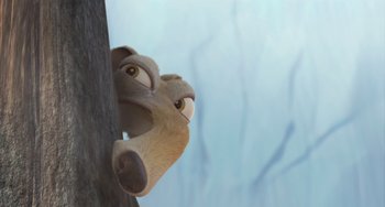 Movie still from “Ice Age: Dawn of the Dinosaurs” (2009), directed by Michael Thurmeier – A stuffed animal sitting on top of a tree branch; Close Up shot, Low angle