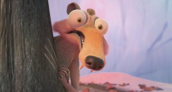 Movie still from “Ice Age: Dawn of the Dinosaurs” (2009), directed by Michael Thurmeier – An animated dog with big eyes and a tree trunk; Close Up shot, High angle