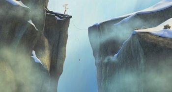 Movie still from “Ice Age: Dawn of the Dinosaurs” (2009), directed by Michael Thurmeier – A person is standing on a cliff while another person is standing on a cliff; Extreme Wide shot, Low angle
