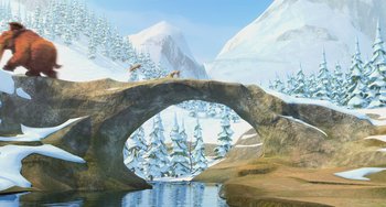 Movie still from “Ice Age: Dawn of the Dinosaurs” (2009), directed by Michael Thurmeier – An artistic rendering of a bridge in the middle of a snow covered landscape; Extreme Wide shot, High angle