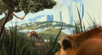 Movie still from “Ice Age: Dawn of the Dinosaurs” (2009), directed by Michael Thurmeier – An animal that is eating some food; Extreme Wide shot, High angle
