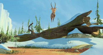 Movie still from “Ice Age: Dawn of the Dinosaurs” (2009), directed by Michael Thurmeier – An animal jumping over a fallen tree in the snow; Wide shot, Low angle
