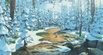 Movie still from “Ice Age: Dawn of the Dinosaurs” (2009), directed by Michael Thurmeier – An artist's rendering of a forest with snow on the ground; Extreme Wide shot, High angle