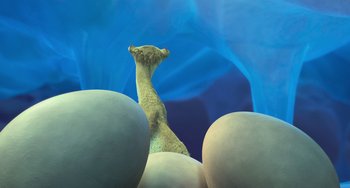 Movie still from “Ice Age: Dawn of the Dinosaurs” (2009), directed by Michael Thurmeier – An image of an animal that is standing in the water; Medium shot, Low angle