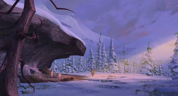 Movie still from “Ice Age: Dawn of the Dinosaurs” (2009), directed by Michael Thurmeier – An image of an animal in the middle of a snowy field; Extreme Wide shot, High angle