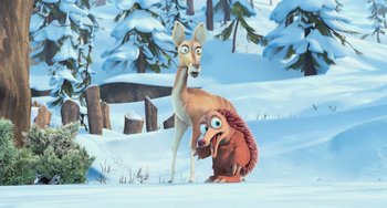 Movie still from “Ice Age: Dawn of the Dinosaurs” (2009), directed by Michael Thurmeier – A couple of animals standing next to each other in the snow; Wide shot, High angle