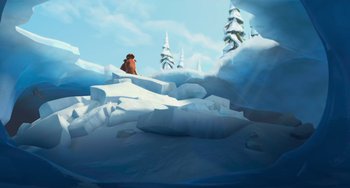 Movie still from “Ice Age: Dawn of the Dinosaurs” (2009), directed by Michael Thurmeier – An image of a person standing in the snow; Extreme Wide shot, High angle
