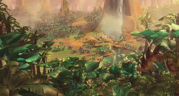 Movie still from “Ice Age: Dawn of the Dinosaurs” (2009), directed by Michael Thurmeier – A painting of a jungle with a waterfall; Extreme Wide shot, High angle