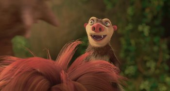 Movie still from “Ice Age: Dawn of the Dinosaurs” (2009), directed by Michael Thurmeier – An animal with a big smile on its face; Close Up shot, Over the shoulder angle
