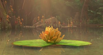 Movie still from “Ice Age: Dawn of the Dinosaurs” (2009), directed by Michael Thurmeier – A yellow flower floating on top of a green leaf; Wide shot, Low angle