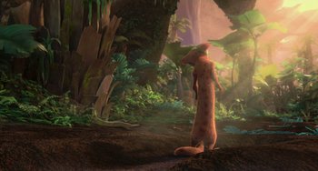Movie still from “Ice Age: Dawn of the Dinosaurs” (2009), directed by Michael Thurmeier – An animated scene of a cat standing in the woods; Wide shot, High angle