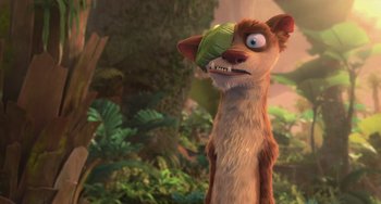 Movie still from “Ice Age: Dawn of the Dinosaurs” (2009), directed by Michael Thurmeier – An animated bear with a leaf in its mouth; Close Up shot, Over the shoulder angle
