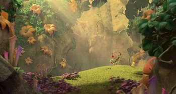 Movie still from “Ice Age: Dawn of the Dinosaurs” (2009), directed by Michael Thurmeier – A forest scene with flowers and plants in the background; Extreme Wide shot, High angle