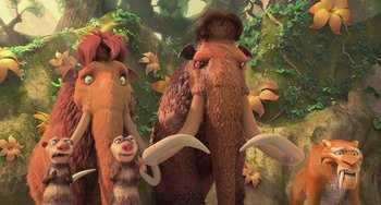 Movie still from “Ice Age: Dawn of the Dinosaurs” (2009), directed by Michael Thurmeier – A group of cartoon characters in a forest; Wide shot, Low angle