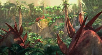 Movie still from “Ice Age: Dawn of the Dinosaurs” (2009), directed by Michael Thurmeier – An artistic painting of a jungle with trees and plants; Extreme Wide shot, High angle