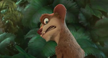 Movie still from “Ice Age: Dawn of the Dinosaurs” (2009), directed by Michael Thurmeier – An animated dog with a big smile on its face; Close Up shot, High angle