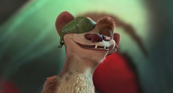Movie still from “Ice Age: Dawn of the Dinosaurs” (2009), directed by Michael Thurmeier – A cartoon character with a hat on; Extreme Close Up shot, High angle