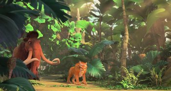Movie still from “Ice Age: Dawn of the Dinosaurs” (2009), directed by Michael Thurmeier – An animated scene of an animal in the jungle; Wide shot, Low angle