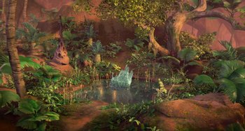 Movie still from “Ice Age: Dawn of the Dinosaurs” (2009), directed by Michael Thurmeier – An image of an image of a pond in the woods; Extreme Wide shot, High angle