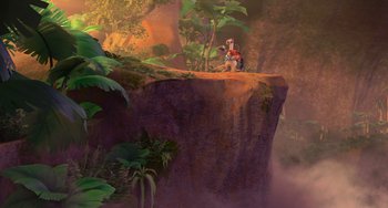 Movie still from “Ice Age: Dawn of the Dinosaurs” (2009), directed by Michael Thurmeier – A person sitting on top of a cliff in the middle of the jungle; Extreme Wide shot, Low angle