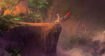 Movie still from “Ice Age: Dawn of the Dinosaurs” (2009), directed by Michael Thurmeier – A bird flying over a cliff in a forest; Extreme Wide shot, Low angle