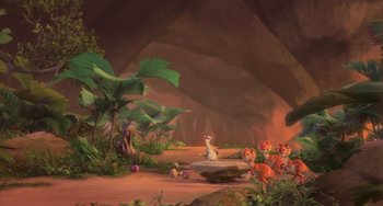 Movie still from “Ice Age: Dawn of the Dinosaurs” (2009), directed by Michael Thurmeier – An artistic rendering of a group of animals in the desert; Wide shot, Low angle