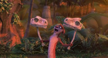 Movie still from “Ice Age: Dawn of the Dinosaurs” (2009), directed by Michael Thurmeier – An animated character holding two skulls in his hands; Wide shot, Low angle