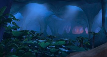 Movie still from “Ice Age: Dawn of the Dinosaurs” (2009), directed by Michael Thurmeier – An image of an animated jungle scene with trees; Extreme Wide shot, High angle