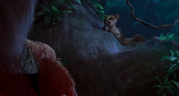 Movie still from “Ice Age: Dawn of the Dinosaurs” (2009), directed by Michael Thurmeier – An animated scene of a mouse and a bird; Wide shot, High angle