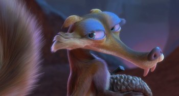 Movie still from “Ice Age: Dawn of the Dinosaurs” (2009), directed by Michael Thurmeier – An animated bird with blue eyes and a long beak; Extreme Close Up shot, High angle