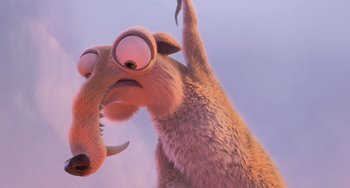 Movie still from “Ice Age: Dawn of the Dinosaurs” (2009), directed by Michael Thurmeier – An ice age character with a strange look on his face; Close Up shot, Low angle