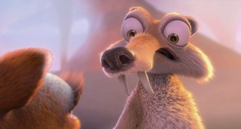 Movie still from “Ice Age: Dawn of the Dinosaurs” (2009), directed by Michael Thurmeier – An animal with a big smile on its face; Close Up shot, Low angle