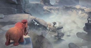 Movie still from “Ice Age: Dawn of the Dinosaurs” (2009), directed by Michael Thurmeier – An animated scene of an animal in a cave; Extreme Wide shot, High angle