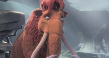 Movie still from “Ice Age: Dawn of the Dinosaurs” (2009), directed by Michael Thurmeier – An animal with pink hair and a long tail; Close Up shot, Low angle