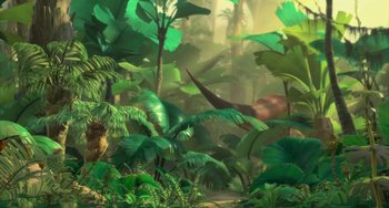 Movie still from “Ice Age: Dawn of the Dinosaurs” (2009), directed by Michael Thurmeier – An image of an animal that is in the jungle; Extreme Wide shot, Low angle