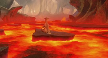 Movie still from “Ice Age: Dawn of the Dinosaurs” (2009), directed by Michael Thurmeier – An animal sitting on top of an island in a lava field; Extreme Wide shot, High angle