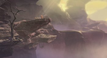 Movie still from “Ice Age: Dawn of the Dinosaurs” (2009), directed by Michael Thurmeier – A group of people standing on top of a cliff; Extreme Wide shot, High angle