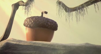 Movie still from “Ice Age: Dawn of the Dinosaurs” (2009), directed by Michael Thurmeier – An image of an acorn on the ground; Extreme Wide shot, Low angle