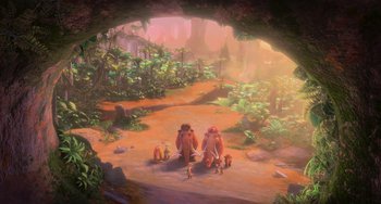 Movie still from “Ice Age: Dawn of the Dinosaurs” (2009), directed by Michael Thurmeier – An image of an animated scene with a couple of animals; Wide shot, High angle