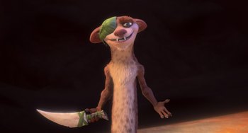 Movie still from “Ice Age: Dawn of the Dinosaurs” (2009), directed by Michael Thurmeier – An animated dog holding a bottle in his mouth; Medium shot, Low angle
