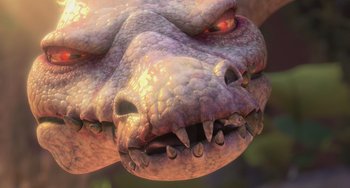 Movie still from “Ice Age: Dawn of the Dinosaurs” (2009), directed by Michael Thurmeier – View of the head of a dragon; Extreme Close Up shot, Low angle
