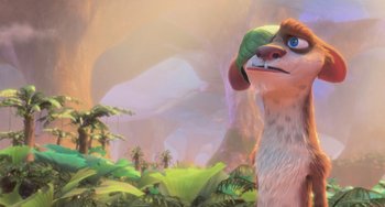 Movie still from “Ice Age: Dawn of the Dinosaurs” (2009), directed by Michael Thurmeier – An animated dog with a green hat in the foreground; Close Up shot, Low angle